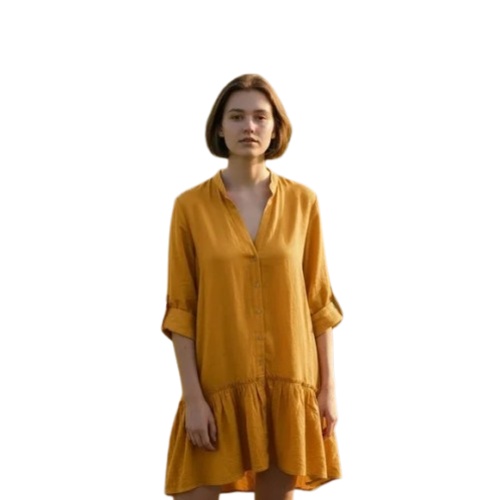 FOR-THE-REPUBLIC-Yellow-Tencel-Lyocell-Button-Front-Tiered-Ruffle-Dress